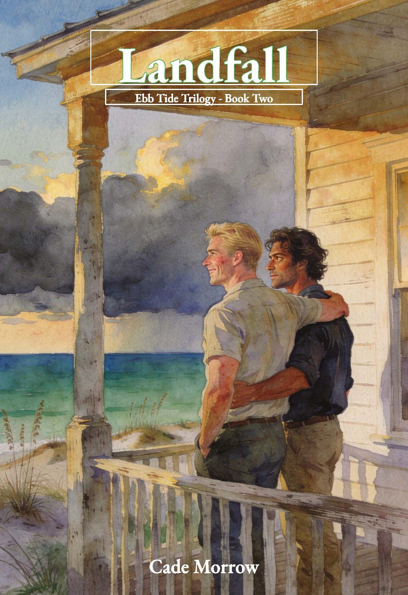 Two men on a porch under a stormy sky, facing a turquoise sea, “Landfall” by Cade Morrow.