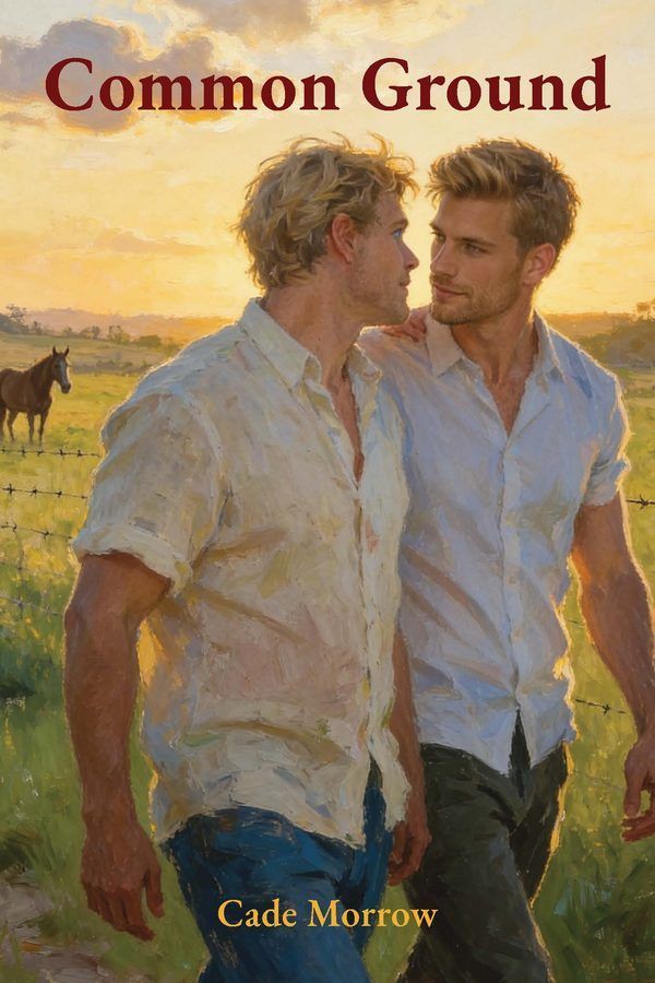 Common Ground by Cade Morrow, a standalone Southern literary novel: book cover showing two men in white shirts walking through a sunny rural field at sunset