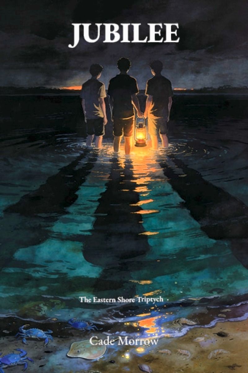 Three silhouetted boys walk outwards on a dark shoreline, “JUBILEE” by Cade Morrow.