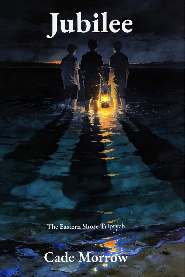 Jubilee by Cade Morrow, a young adult coming-of-age novel: book cover showing three boys standing in dark shoreline water around a lantern