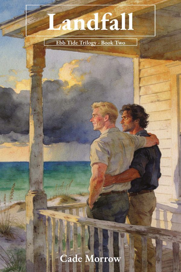 Two men on a porch under a stormy sky, facing a turquoise sea, “Landfall” by Cade Morrow.