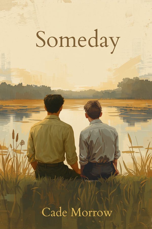 Someday by Cade Morrow, a standalone Southern literary novel: book cover showing two boys sitting by calm water at sunset