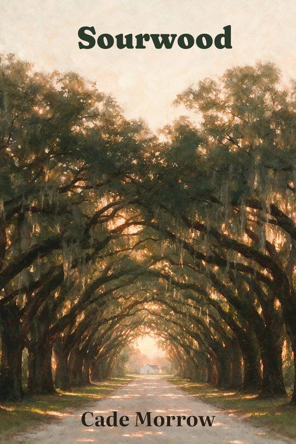Sourwood by Cade Morrow, a Southern literary novel: book cover showing an avenue of live oaks leading to a white house on the Georgia coast
