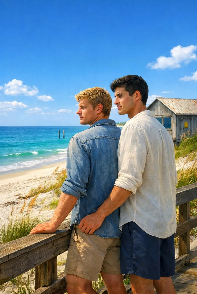 Two men on a Gulf Coast beach, featured cover art for Still Waters by Cade Morrow