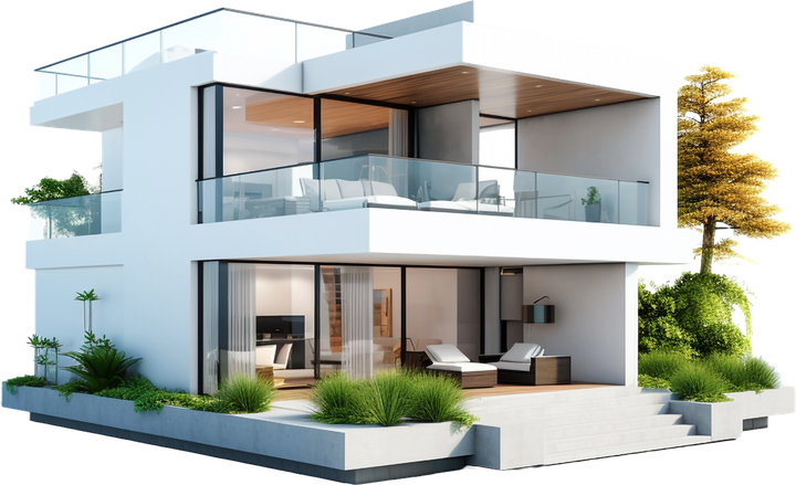 A white house with a lot of windows and a balcony.