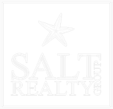 A white logo for salt realty with a starfish on it.