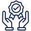 A pair of hands holding a medal with a check mark on it.