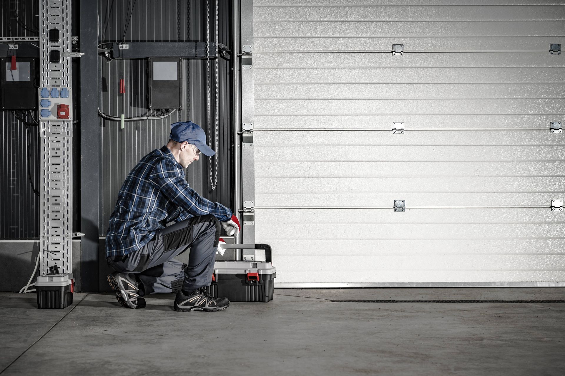 A professional technician who has a black and red toolbox after repairing a commercial garage door