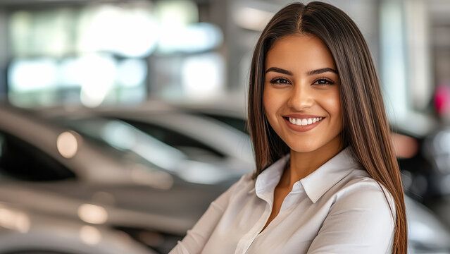 A woman is smiling in front of a car showroom.