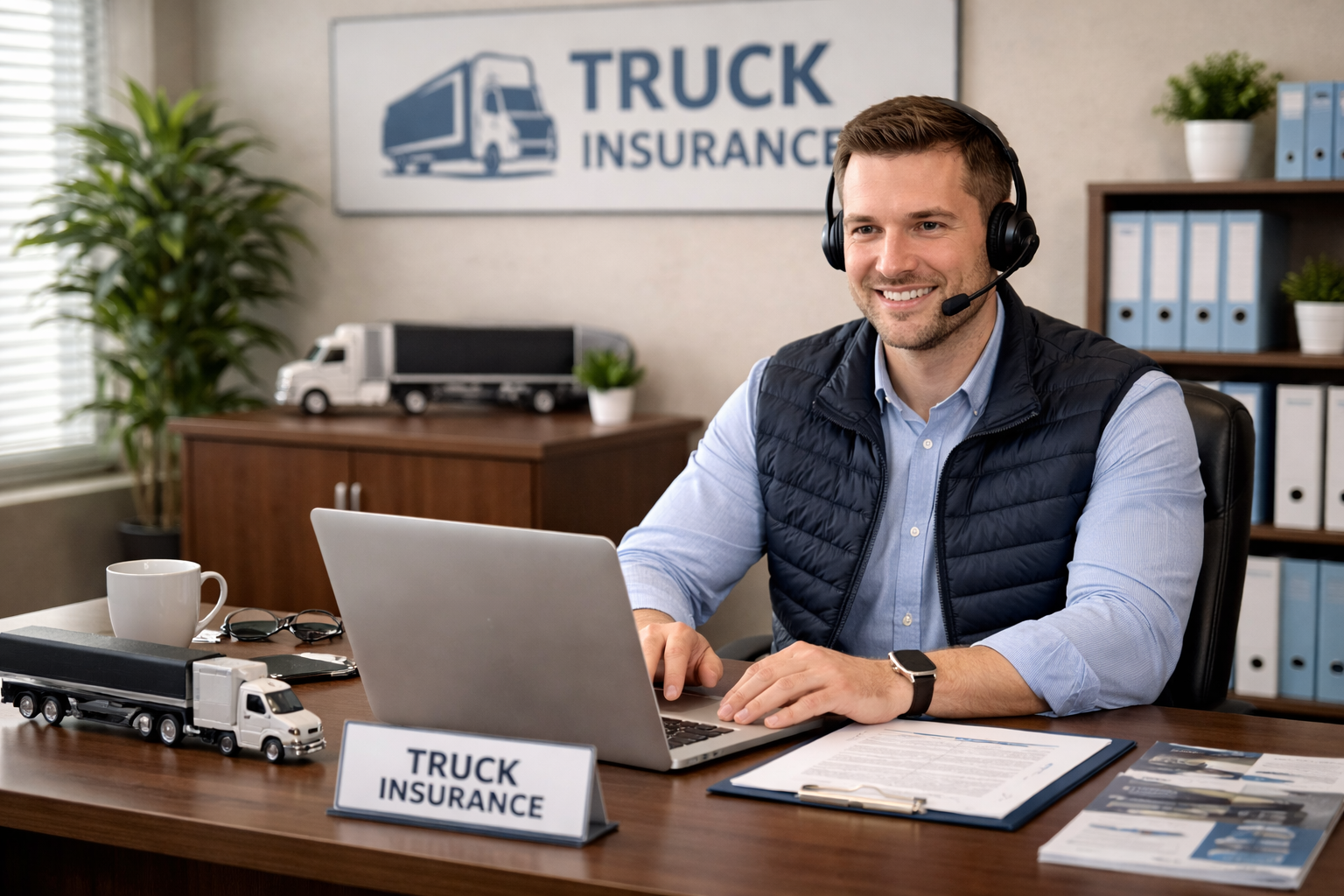 Man wearing headset, working on laptop at desk,