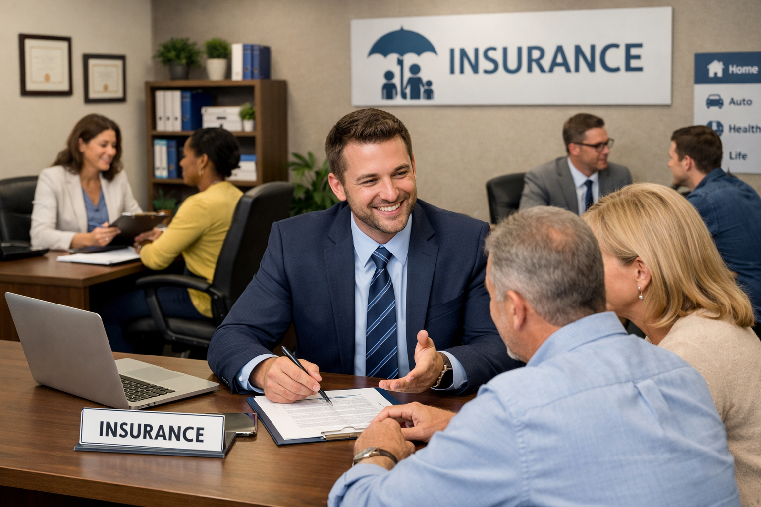 Insurance agents assisting clients in an office setting. People reviewing paperwork, signing documents.