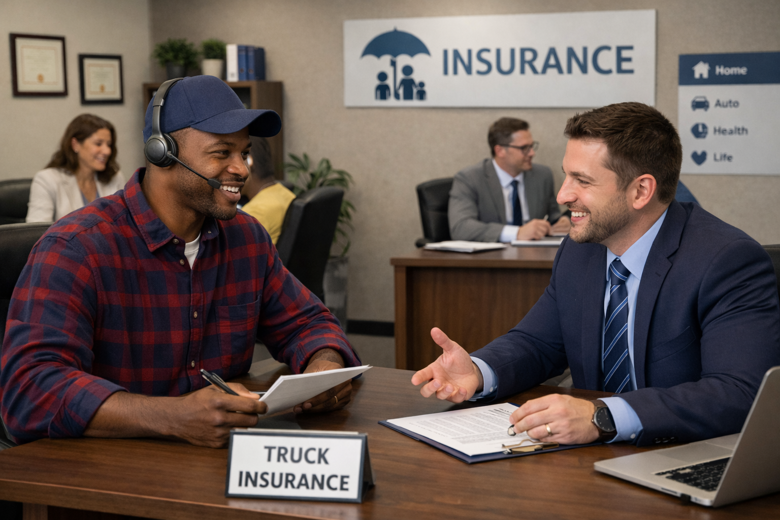 Man in a headset discusses paperwork with a suited insurance agent. Sign says 