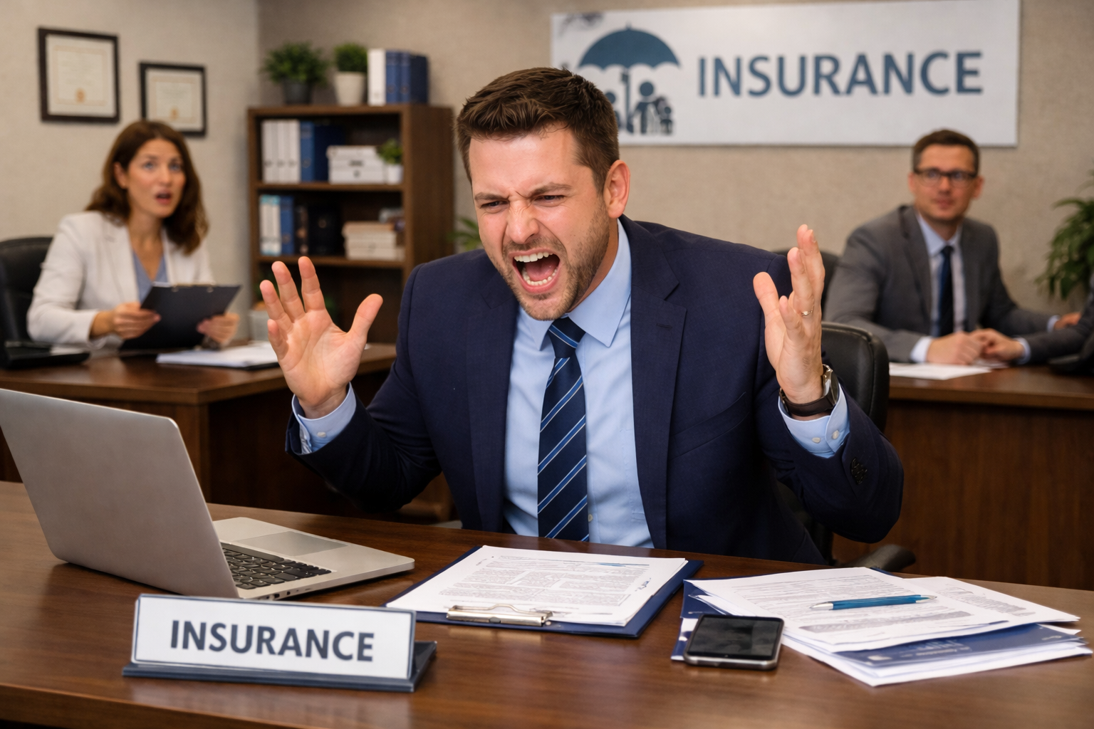 Man in suit yells at desk, papers scattered, two coworkers look on in office setting. 