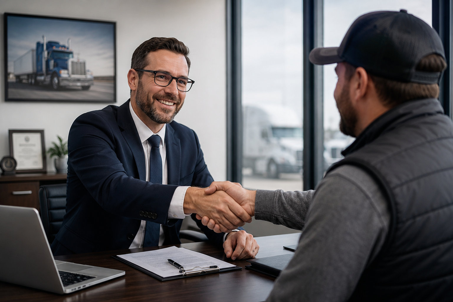 Business meeting with two people shaking hands across an office desk