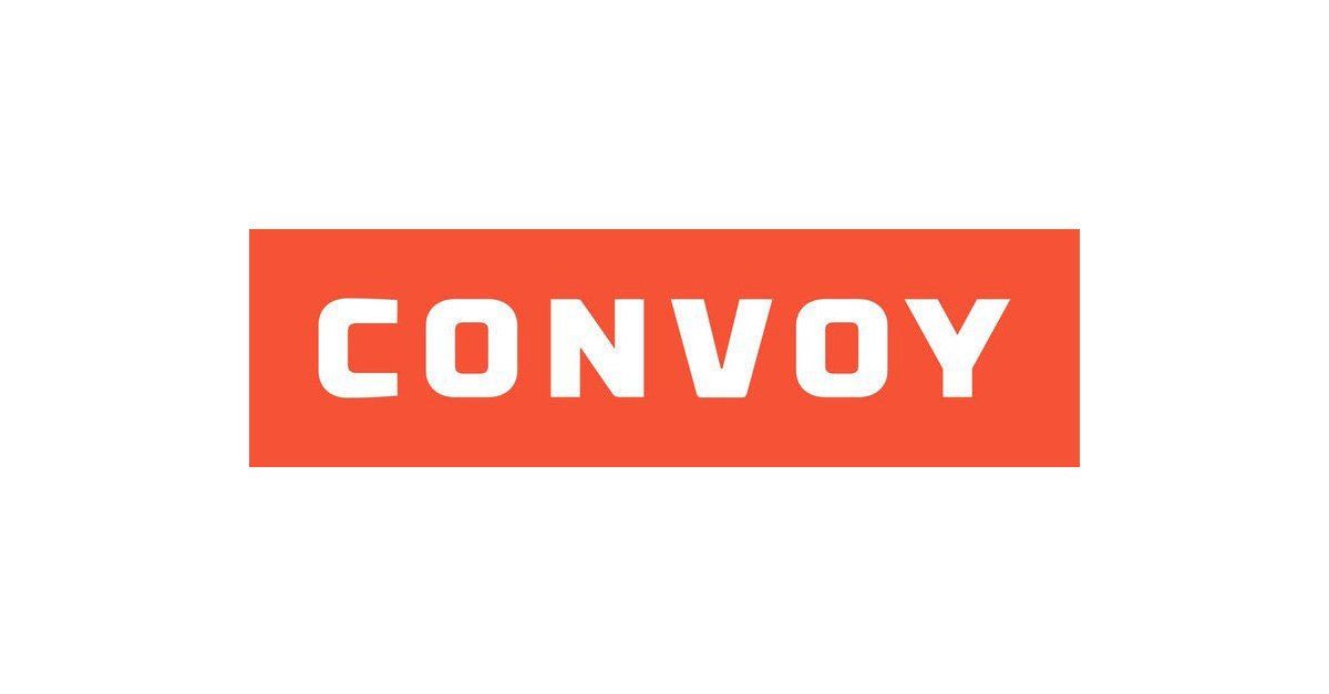 A red and white logo for convoy on a white background.