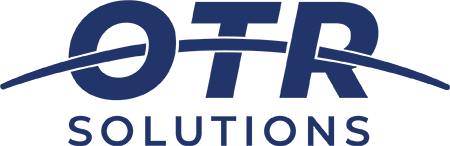 A blue logo for otr solutions with a white background.