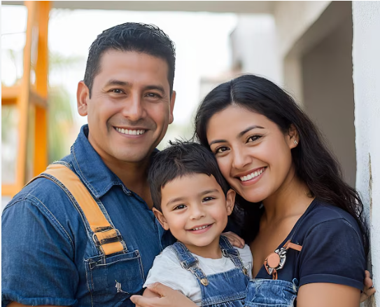 A man and woman are holding a child and smiling for the camera.