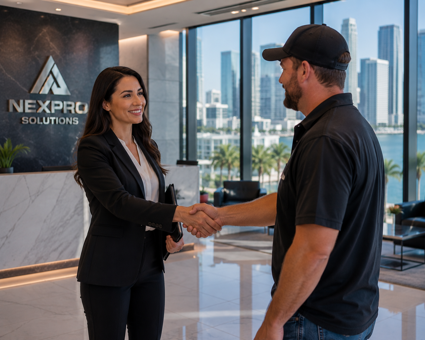 Two business professionals shaking hands in a modern office lobby with a city view.