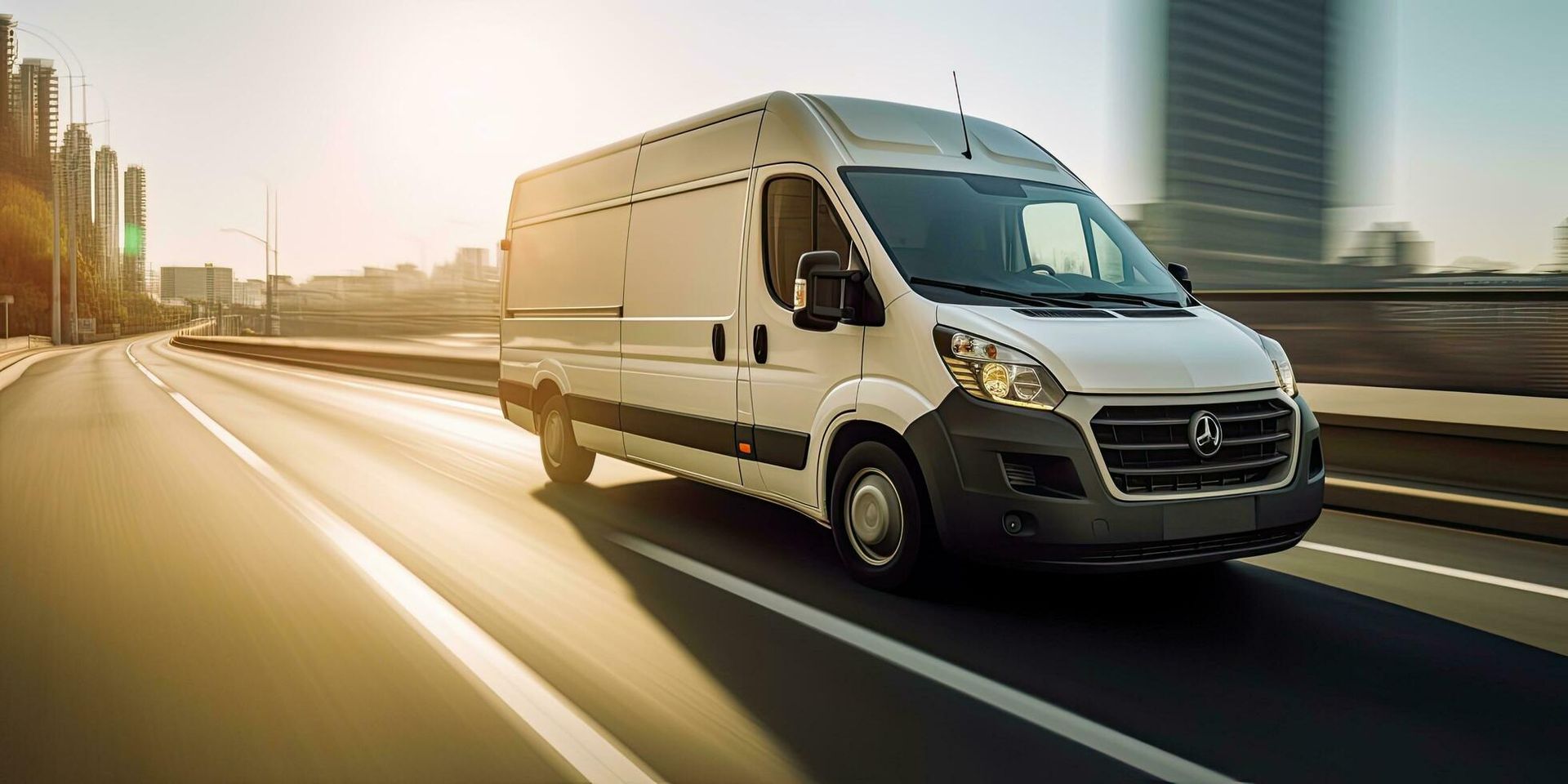 A white van is driving down a highway.