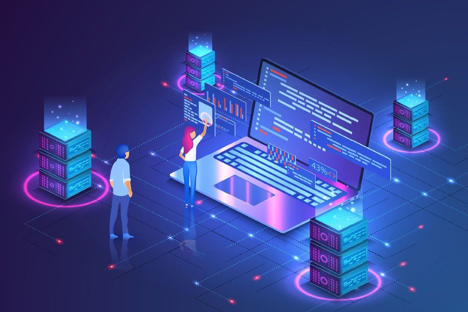 Two people interact with a large laptop surrounded by glowing, isometric server stacks in a dark digital workspace.