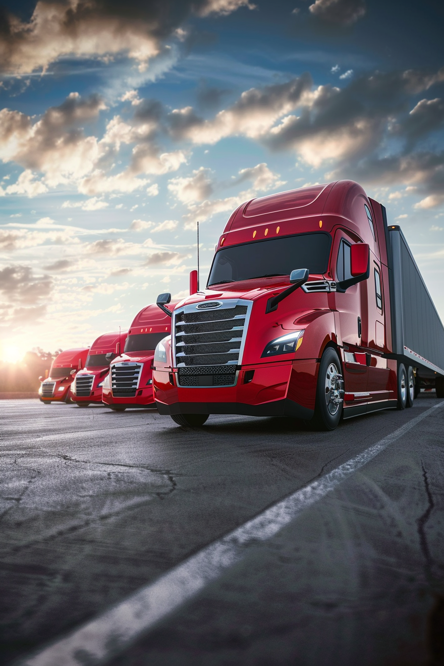 Red semi-trucks parked in a row on asphalt, with a sunset sky in the background.
