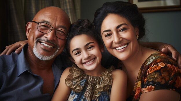 A family is posing for a picture together and smiling for the camera.