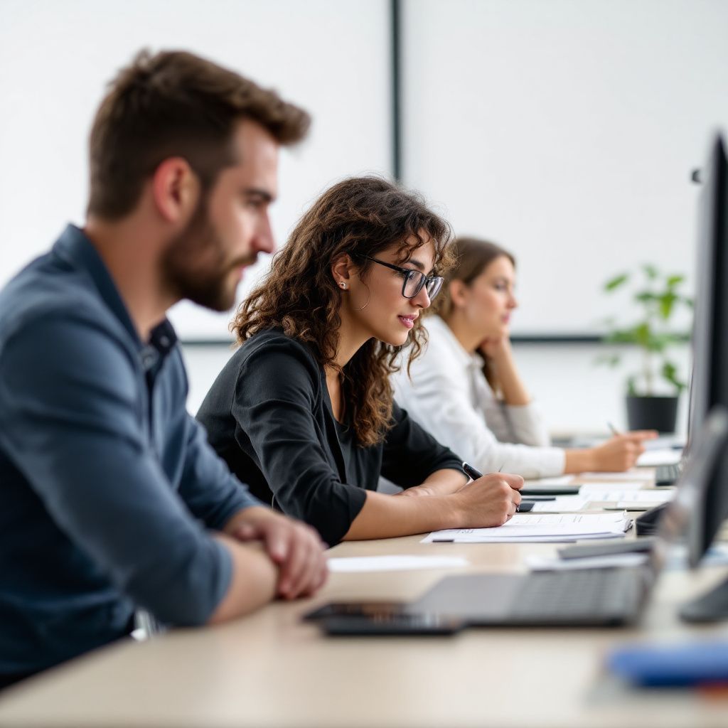 A group of people are sitting at desks in front of computers.