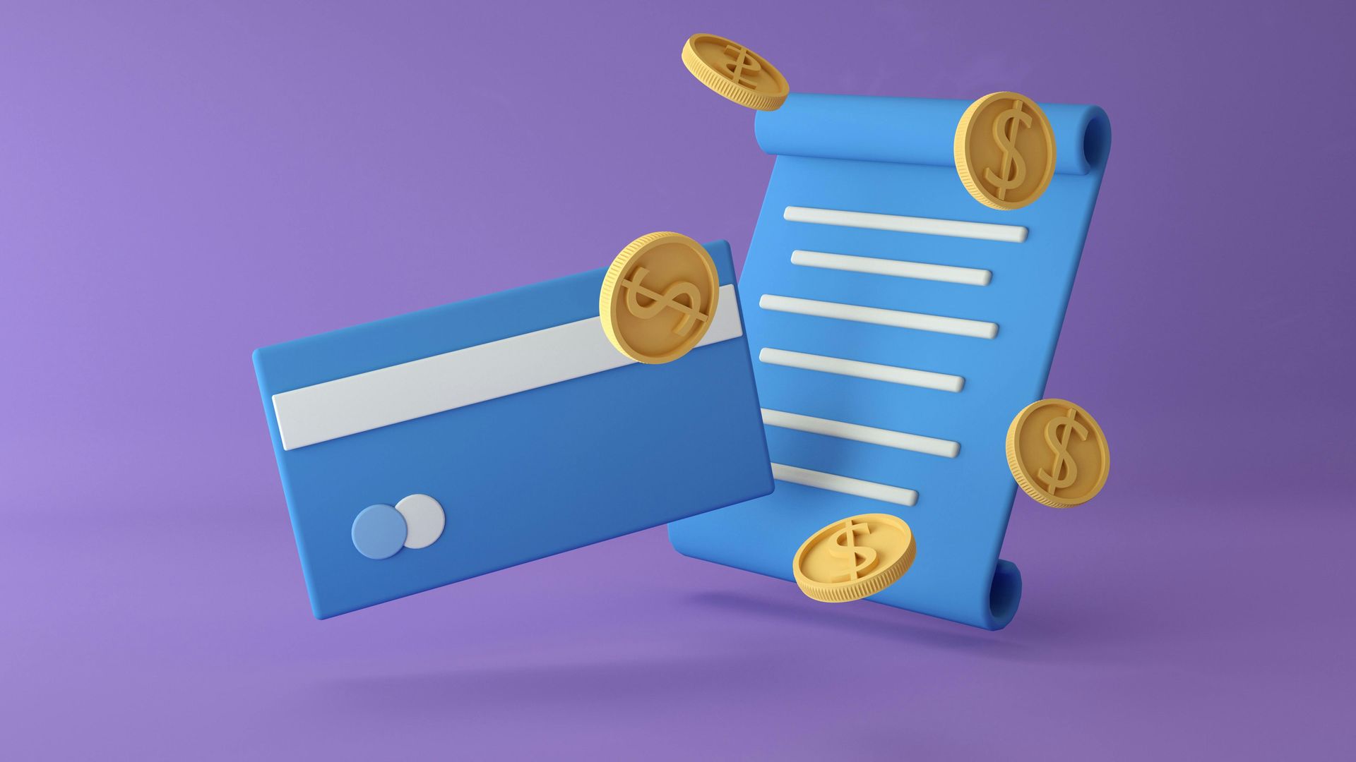 A 3D illustration of a blue credit card next to a blue document with gold dollar coins floating against a purple background.