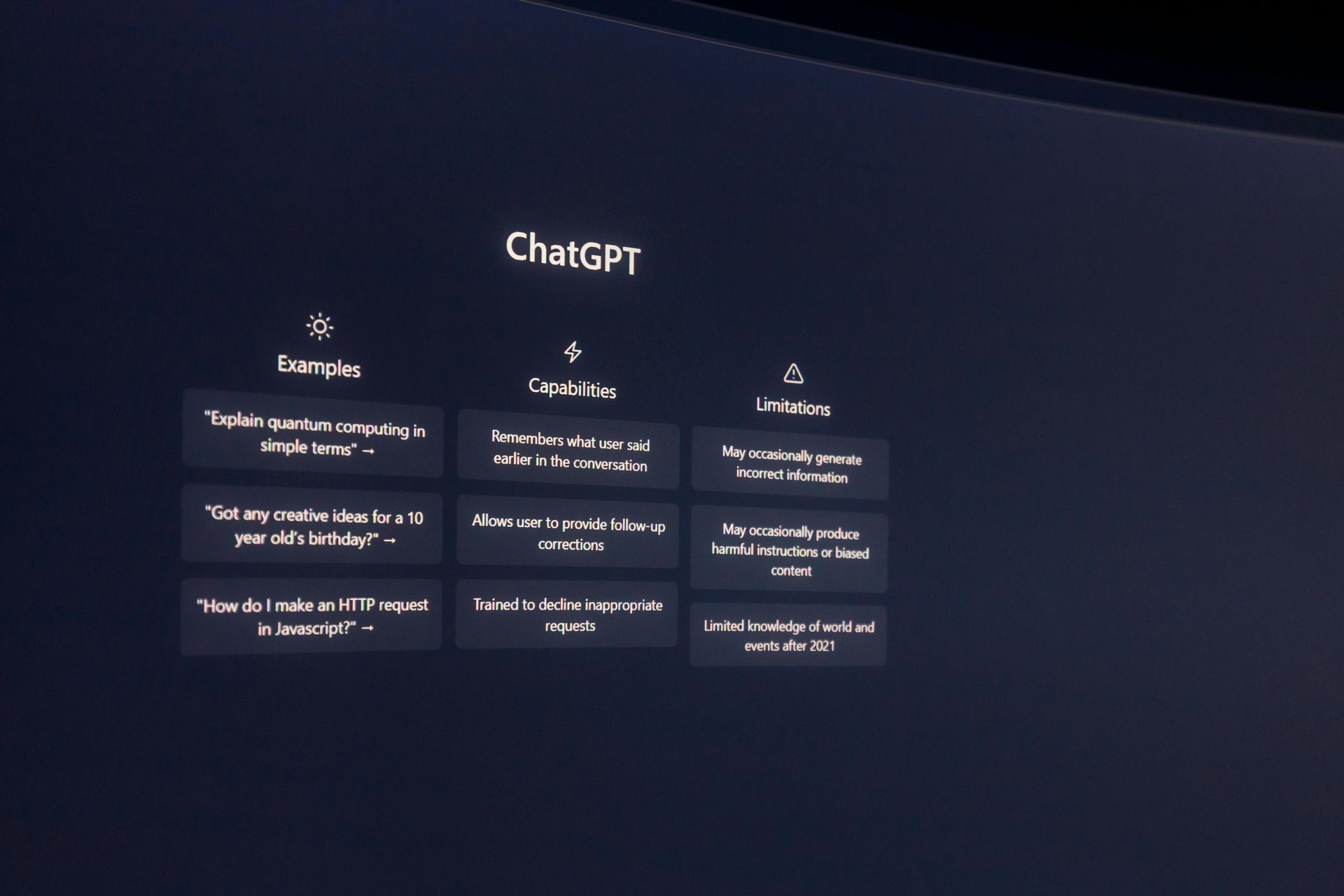The ChatGPT home screen on a dark background, showing examples, capabilities, and limitations in a three-column layout.