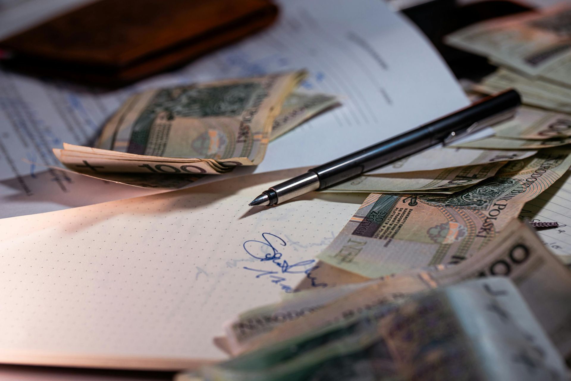 A pen resting on a document with a signature, surrounded by stacks of Polish currency banknotes on a desk.