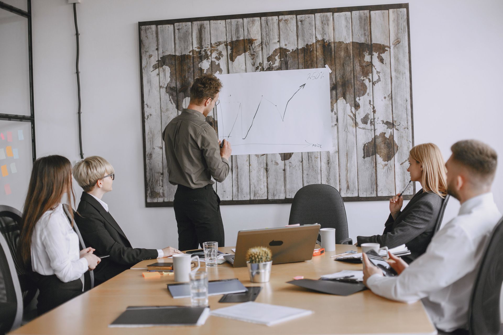 Business meeting with a presenter at a whiteboard, seated colleagues around a conference table