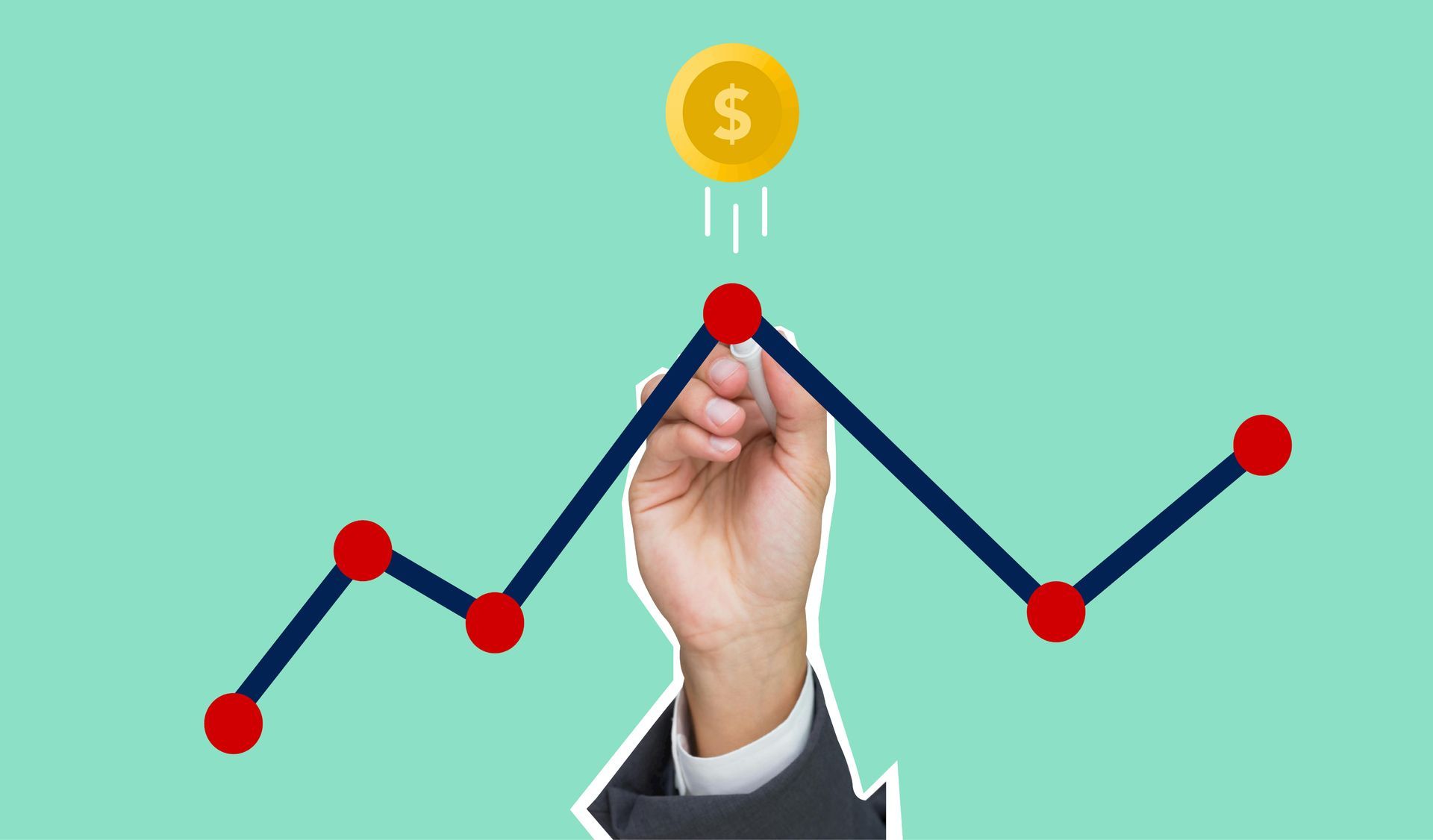 A hand in a business suit points to the peak of a dark blue line graph against a light green background with a coin above.