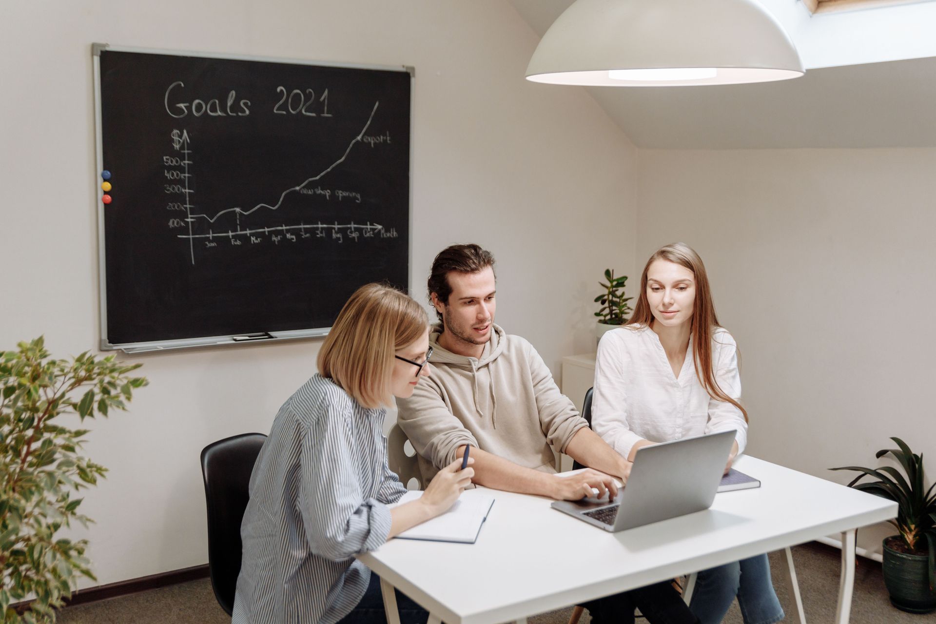 Three people working at a laptop in a bright meeting room with a goals chart on the wall