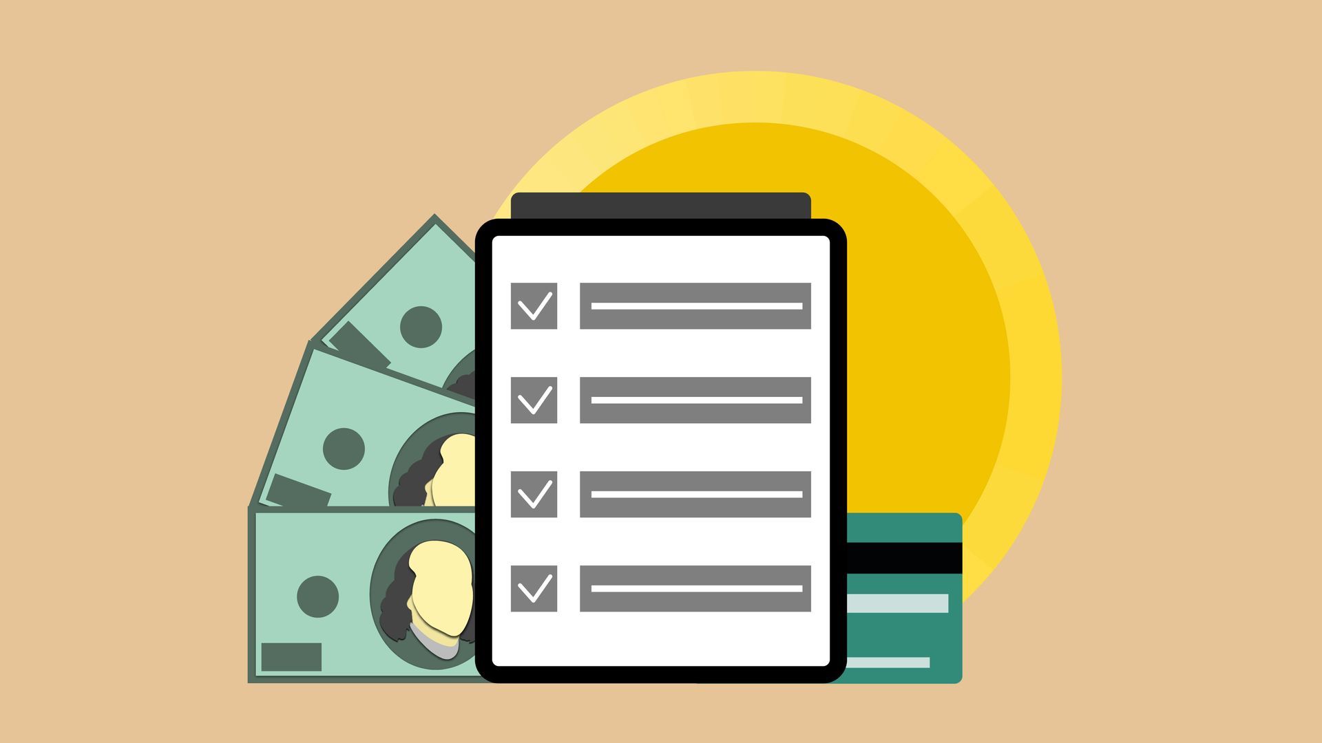 A checklist icon next to stacked dollar bills, a credit card, and a large gold coin.