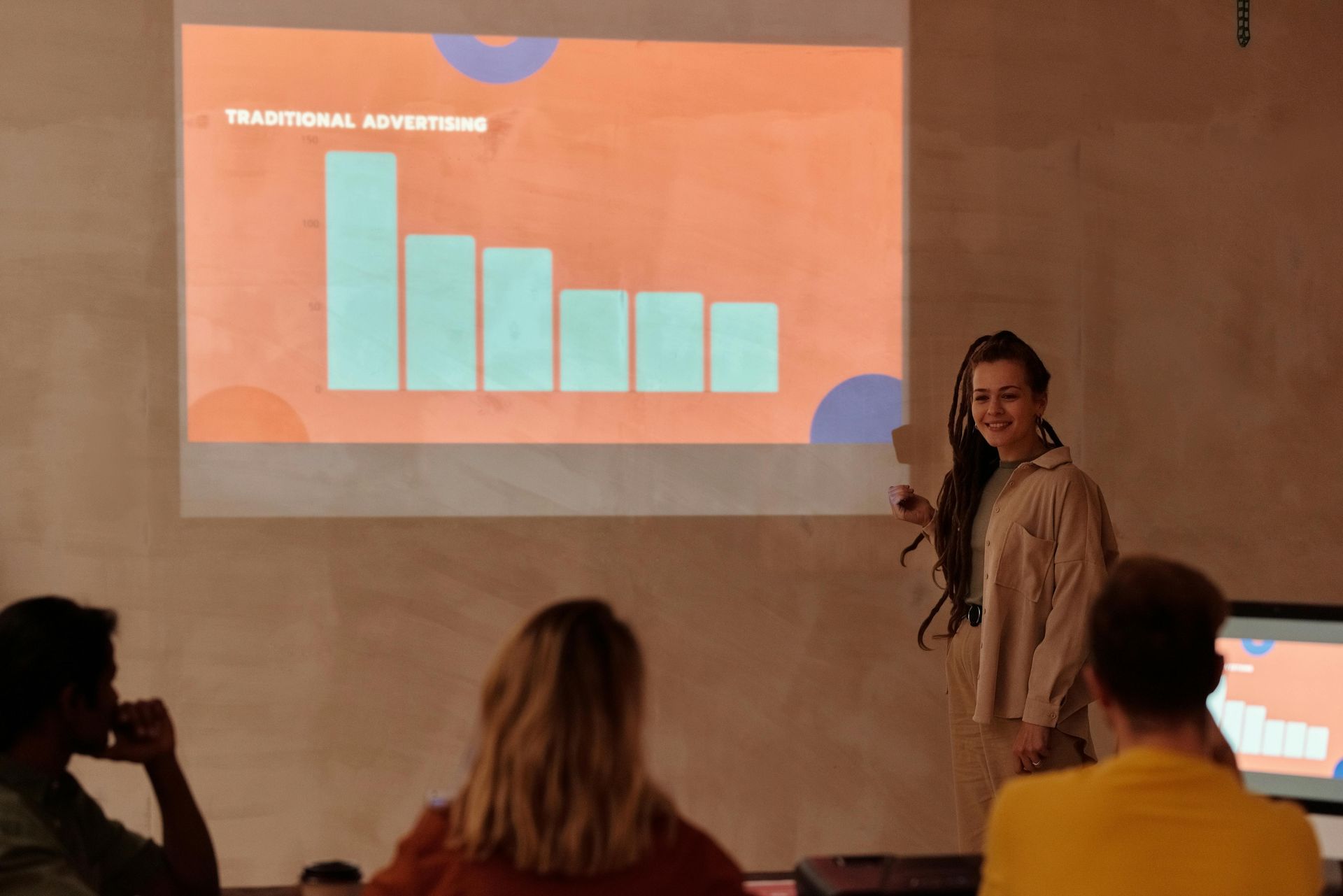 A presenter stands before a screen displaying a bar chart titled