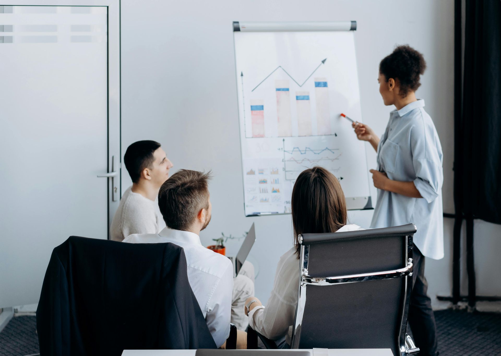A person presents a bar graph on a whiteboard to three seated colleagues in a professional office setting.