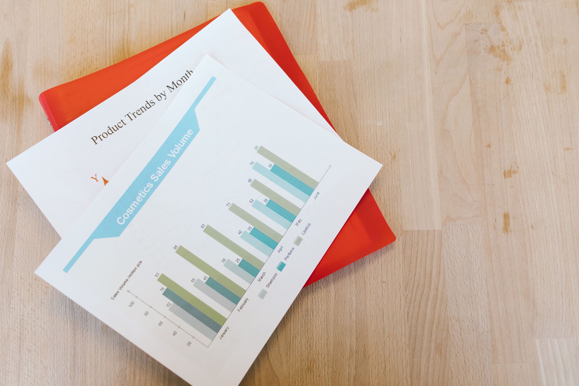 Two overlapping reports on a wooden table, one with a bar chart and blue cover sheet