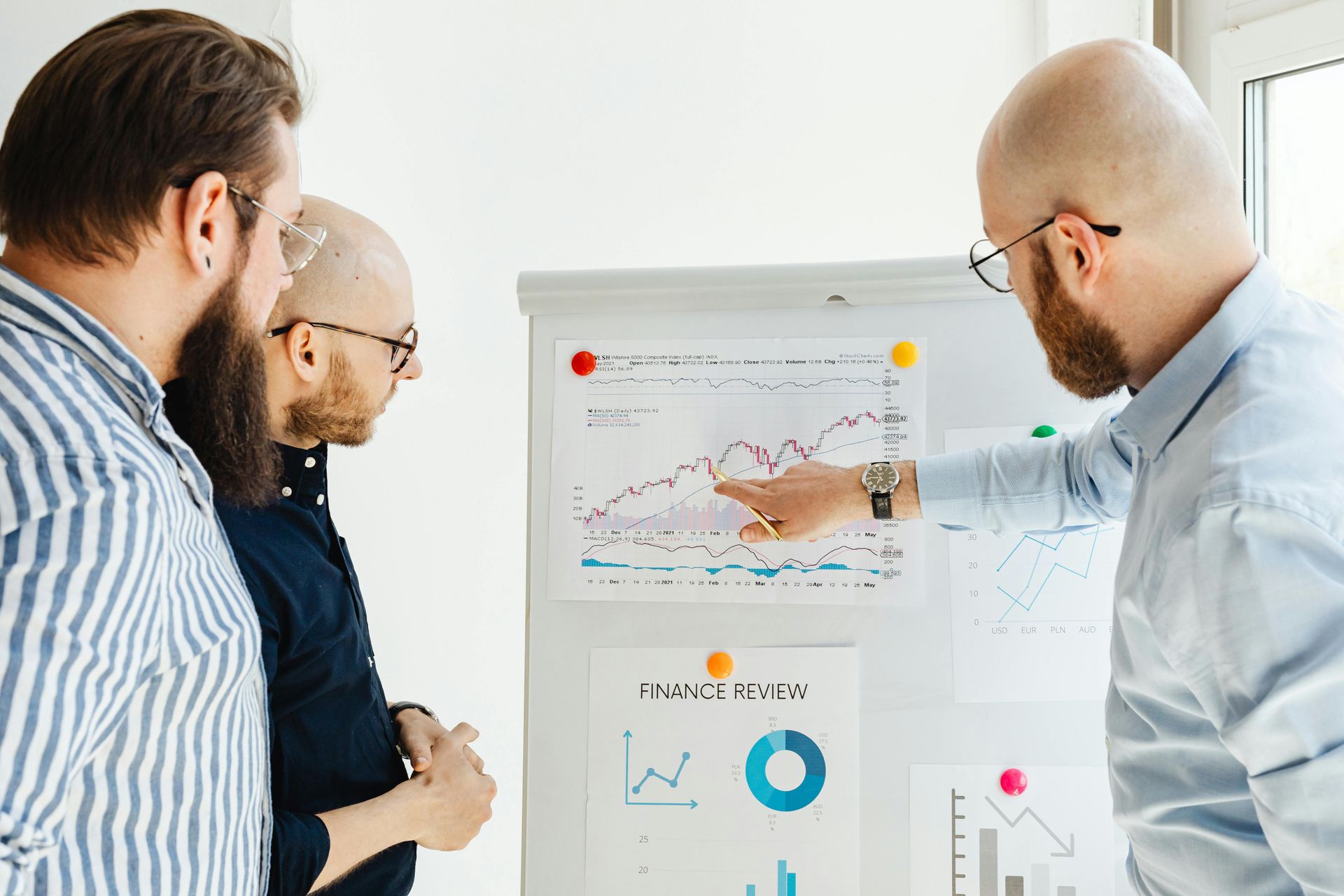 Three people in a bright office analyze stock market charts and data displayed on a whiteboard.