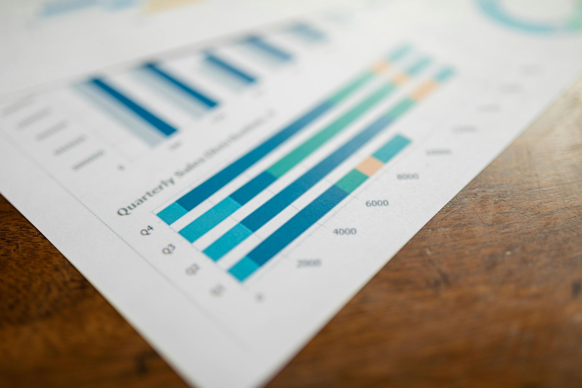 Bar graphs showing quarterly sales data on a white paper, with blue and green colors, resting on a wooden table.