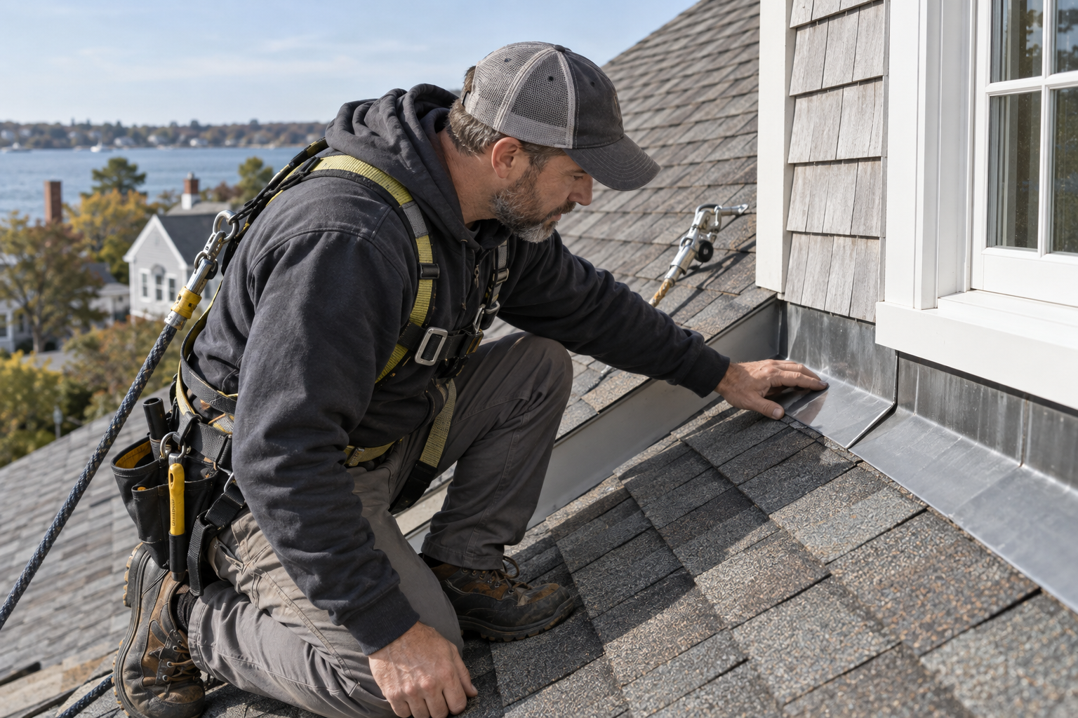 Worker inspecting roof shingles beside a house window, with a lake in the background