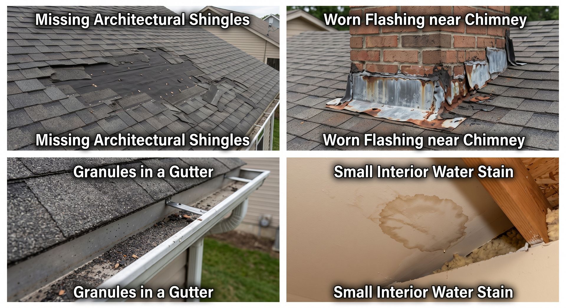 Roof damage examples: missing shingles, worn flashing, gutter granules, and a small interior water stain
