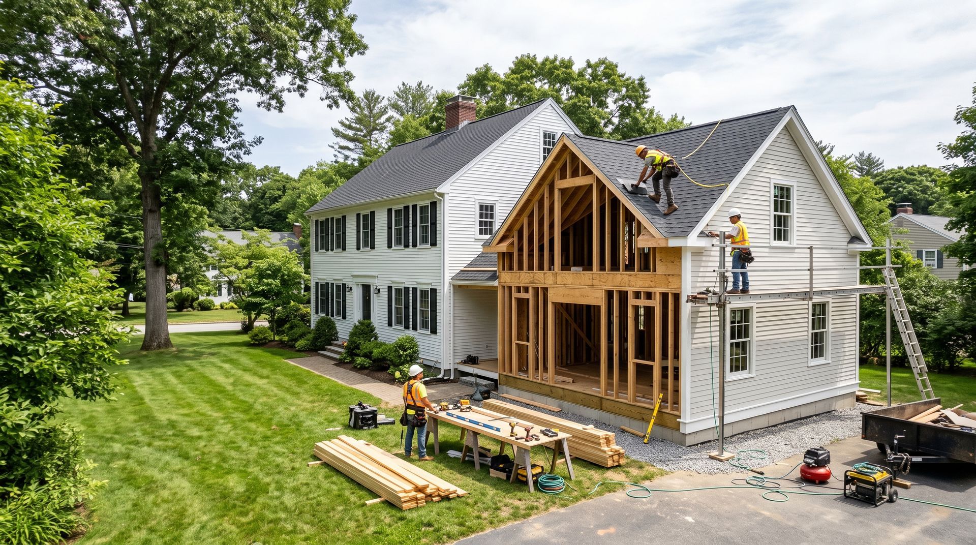 Workers framing an addition on a white house in a green suburban yard