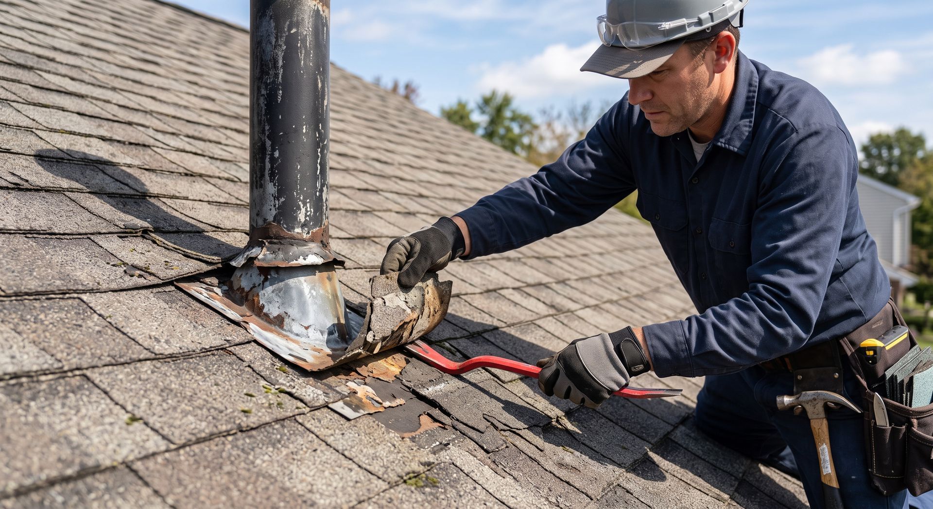 Worker repairing a chimney flashing on a shingled roof with tools and sealant