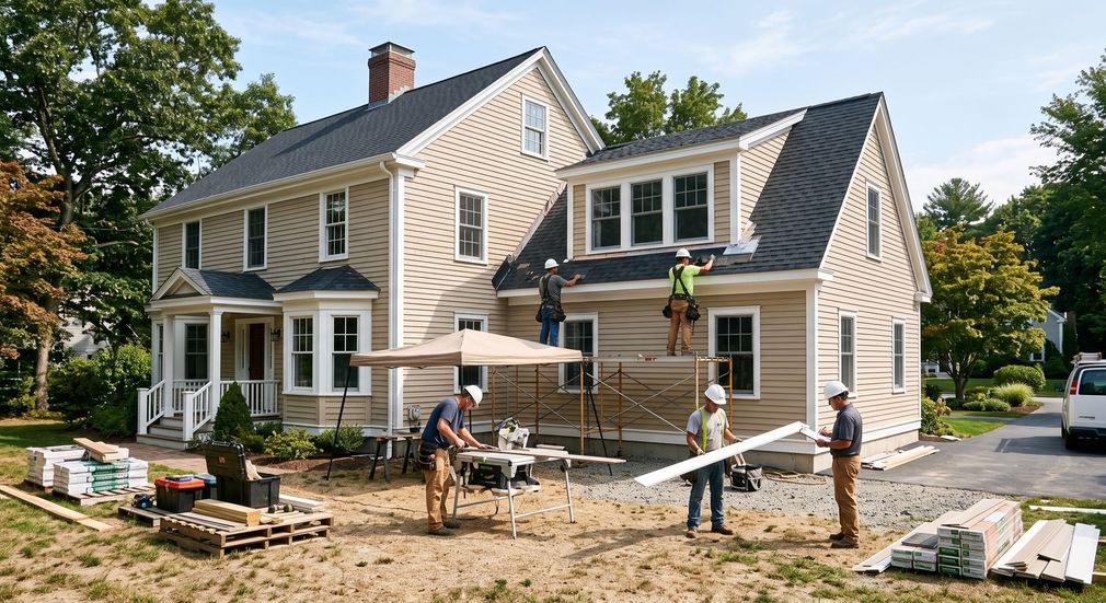Workers renovate a beige two-story house with scaffolding and lumber in the yard.