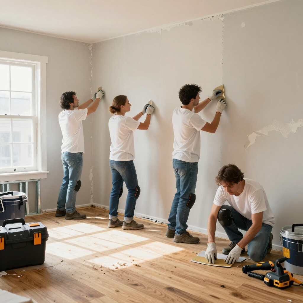 People repaing Drywall
