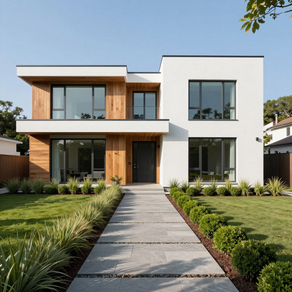 Modern two-story white house with wood accents and a front walkway in a landscaped yard