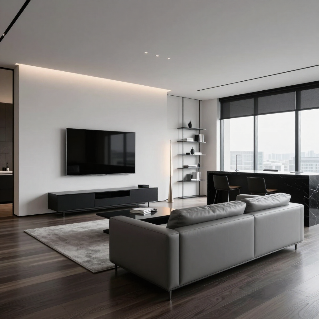 Modern living room with a gray sofa, a large wall-mounted TV, a black media console, and a tall metal shelving unit.