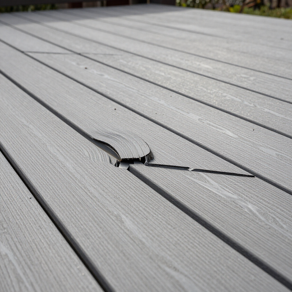Broken gray decking board with a crack and splintered gap between planks