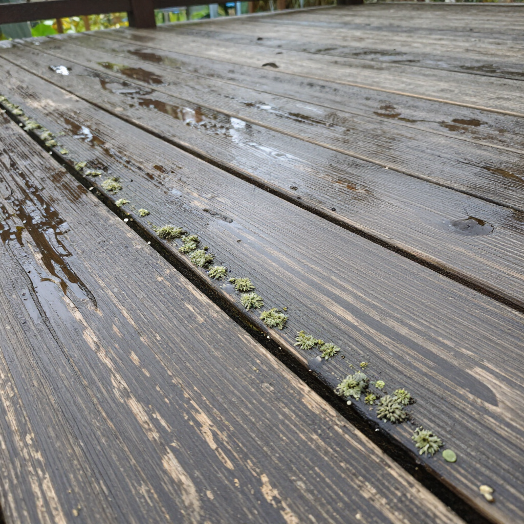 Wet wooden deck boards with small green plants growing in the gaps.
