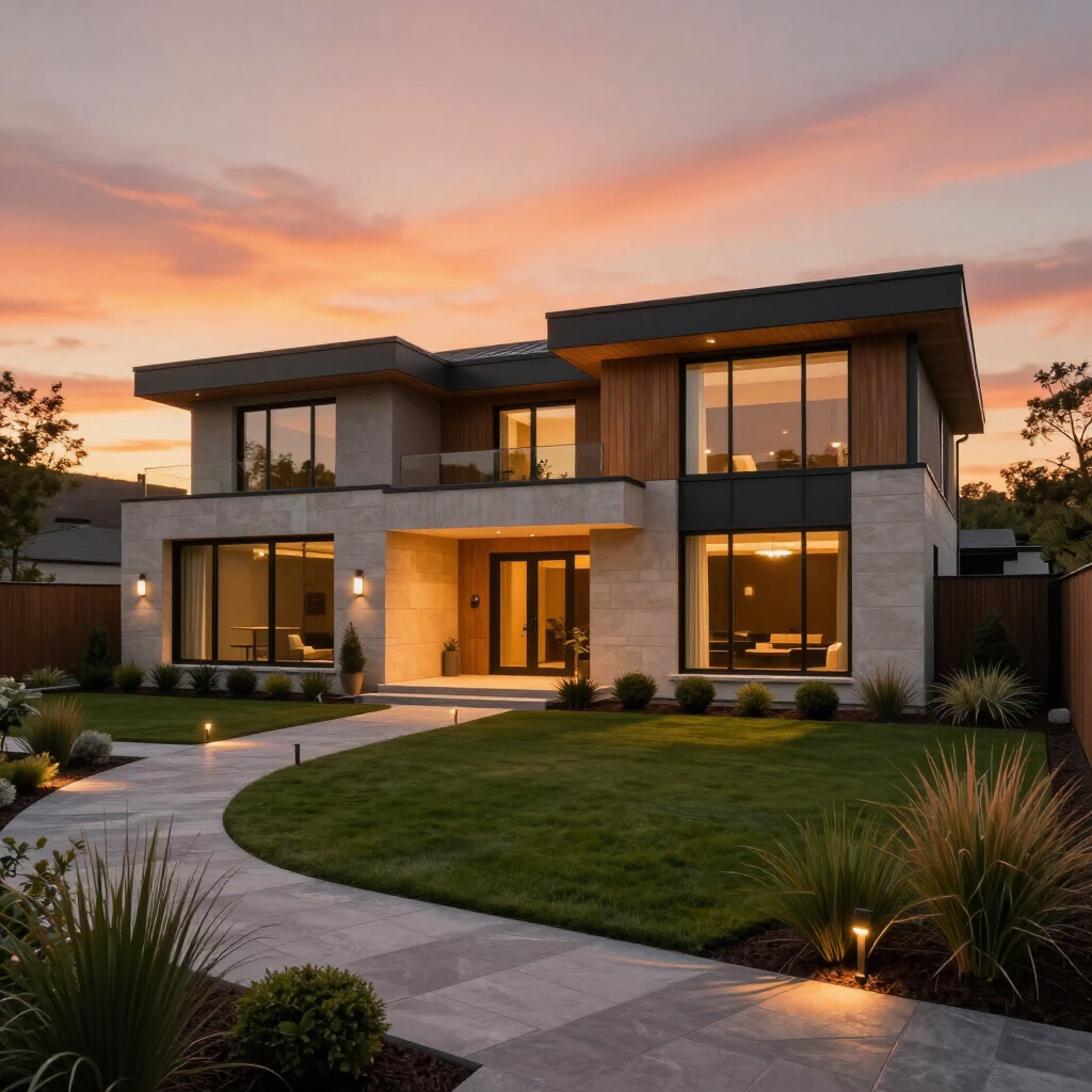 Modern two-story house at sunset with a curved walkway, landscaped lawn, and warm interior lights